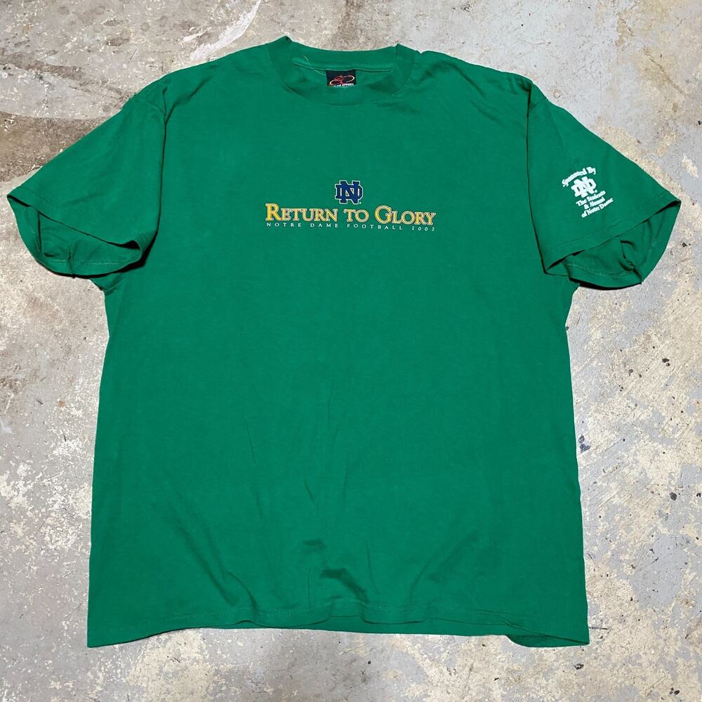 Vintage 2002 Notre Dame Return To Glory Football T Shirt Mens XL Green Graphic